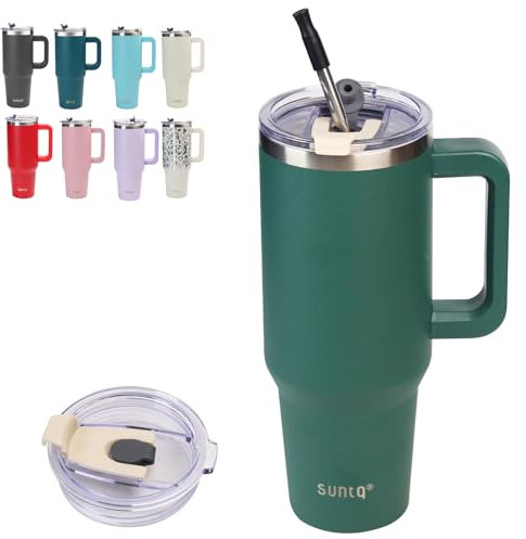 SUNTQ 1180ml/40oz Tumbler mit Griff, Doppelwandige Vakuum Isolierte Wasserflasche mit Stroh und Deckel, Edelstahl Reise Kaffeebecher, Thermische Tasse für Getränke, Fit in Becherhalter(Grün)