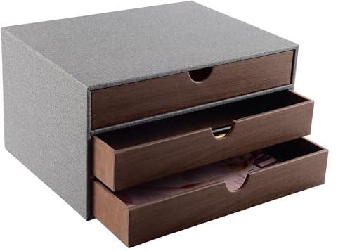 XNONE Home Office Desktop Schreibtisch-Schubladenbox mit 3 geschlossenen A4-Fächern, PU-Leder-Schubladenbox, Schmuck-Organizer, Kosmetik-Organizer, U-förmige Öffnung, handgenähte Nähte(Grau)