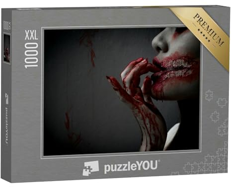 Puzzle 1000 Teile XXL „Zombie-Frau mit Blut an der Hand und am Mund, dunkler Hintergrund“ – aus der Puzzle-Kollektion Vampire