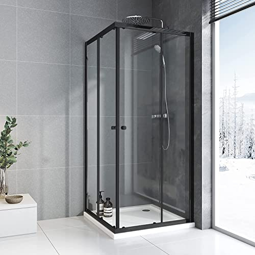 Duschkabine 100x100cm Eckeinstieg mit Schiebetüren,Doppel Schiebetür Duschabtrennung 6mm ESG Glas Duschabtrennung Mattschwarz,Über Einer Duschwanne Oder Fliesen Montiert,Höhe 185cm(Ohne Duschtasse)