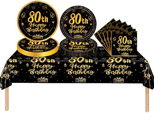 53Pcs Black Gold 80th Happy Party Tableware Decorations for Him - Plastic Table Cloth, 7,9inch Paper Plates, Napkins for Men's Birthday Party Tableware Set