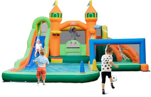 Maxmass 9-in-1 Inflatable Bouncy Castle, Kids Bounce House with Dual Slides, Football Gate, Ring Toss, Basketball Hoop, Climbing Wall, Jumping Water Park, 472 x 449 x 255 cm (without 680W Blower)