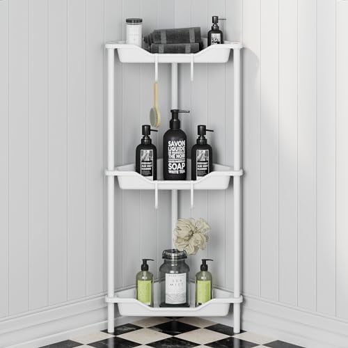 Oriware Porta Sapone per Doccia da Terra, Mensola Doccia Senza Foratura, Scaffale Angolare da Terra (3 Tier, Bianco)