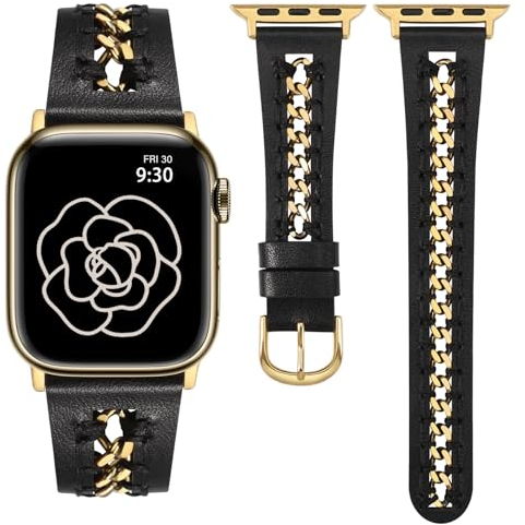TOYOUTHS Lederarmbänder kompatibel mit Apple Watch Armband 41/40/38/42mm Damen, Elegant Dressy Leder Armbänder mit Ausgehöhltes Kettenarmband für iWatch 10/9/8/7/6/5/4/3/2/1/SE, Schwarz/Gold