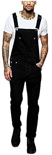 Generisch Salopette de travail pour homme - Noir - Longue - Tenue de loisirs - Coupe droite - En jean - Respirante - Super confortable - Couleur unie - Combinaison d'été
