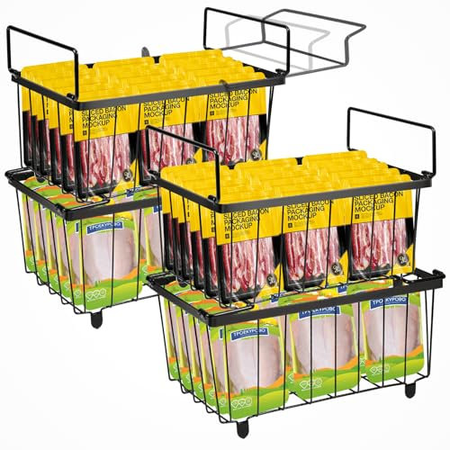 4 Pack Freezer Organizer Bins, Stackable Chest Freezer Organizer for 7 Cu.FT Deep Freezer Kitchen Counter Organizer with 4 Extendable Handles 16 Rubber Cover Metal Wire Organizing Bins for Bathroom