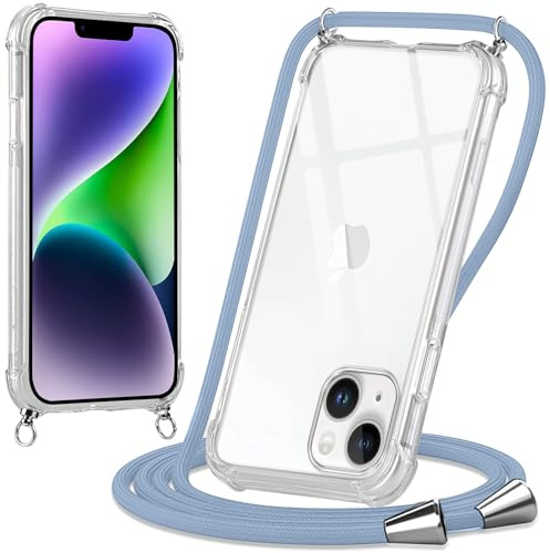 Oelrstfe Coque pour iPhone 14 Plus avec Cordon, Transparente Silicone Housse avec Réglable Cordage - Collier Case Protection pour iPhone 14Plus, Bandoulière - Bleu