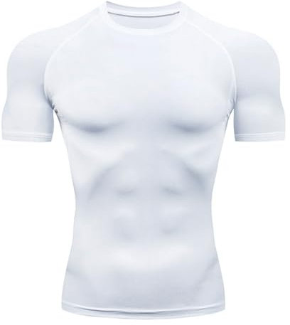 BAEIDO Compression Shirt Men, Round Neck Short Sleeve Base Layer Athletic Tops for Workout Sports, Rash Guard Cool Dry Undershirts White