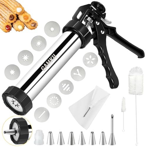 GAMKII Churro Maker Maschine Stailness Stahl Churrro Gun Kit mit 4 Scheiben für Hohle Churro, 5 Cookies Discs, 6 Icing Piping Nozzle, 2 saubere Bürsten für Kuchen Dessert DIY Maker Cookie Presse