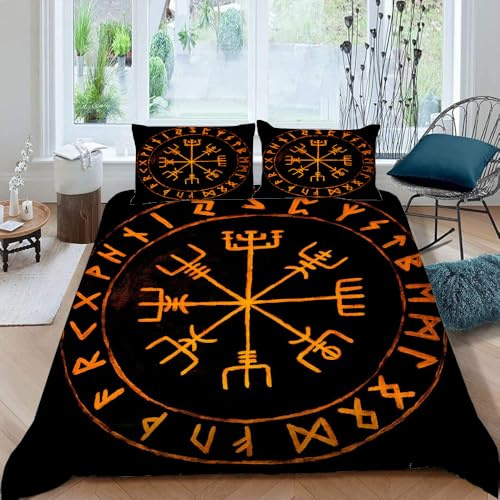 ARiXIaNg Bettwäsche Wikinger Nordische Mythologie 200x200 cm 3teilig Bettbezüge Betten 100% Mikrofaser 3D Druck Bettwäsche-Set Runen mit Reißverschluss und 2 Kissenbezüge 80x80