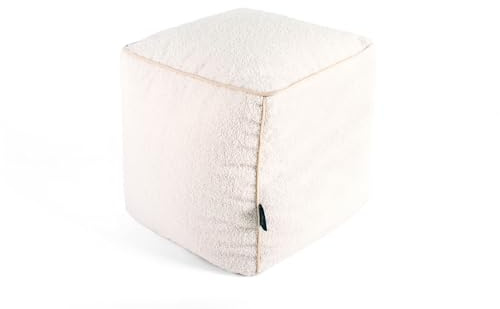 Littens Cream Teddy Boucle Square Cube Footstool Ottoman Bean Bag Pouffe, Living Room Decorative Seat, Piped (41cm x 41cm x 41cm)
