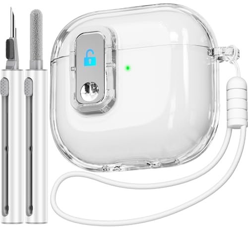 [Safety Lock Design] Clear Case for Airpods 4, Transparent Shockproof Case for Airpods 4 Generation Charging, Automatic Pop-Up Cover with Silicone Bracelet for Lady