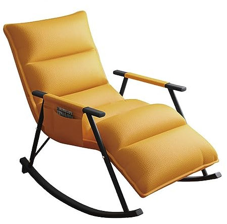 Leder-Relaxsessel mit Verstellbarer Rückenlehne und Fußstütze, ergonomischer Loungesessel, gepolsterter Schaukelstuhl, moderner Stuhl für das Wohnzimmer, Aufbewahrungstasche (Farbe: Gelb, Gr