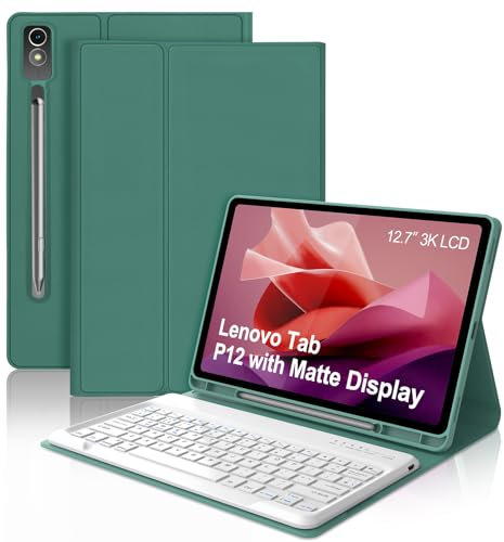 Lenovo Tab P12 12.7'' 2023 Keyboard Case, QWERTY UK Layout Detachable Bluetooth Keyboard, Slim Smart Case for Lenovo Tab P12 2023, Dark Green