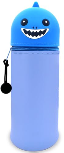 DGTSYAL Kawaii Federmäppchen, mäppchen, 2-in-1 Weiche Silikontasche, Federmäppchen, Stand Up Federmäppchen, Tier Stifthalter, Stifthalter Bleistifttasche Mädchen Junge (Blauer Hai)