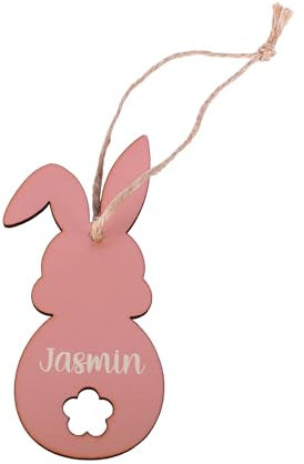Herz & Heim Personalisierter Holzanhänger in Hasenform mit Juteband | Farben und Name wählbar (Rosa)