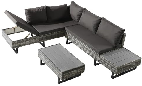 L-Shaped Modular Outdoor Sofa Set, Adjustable Recliner, PE Rattan Lounge Seating Group with Cushions, Side Table, Coffee Table, UV-Resistant Fabric, Steel Frame for Garden, Patio, Balcony (Grey)