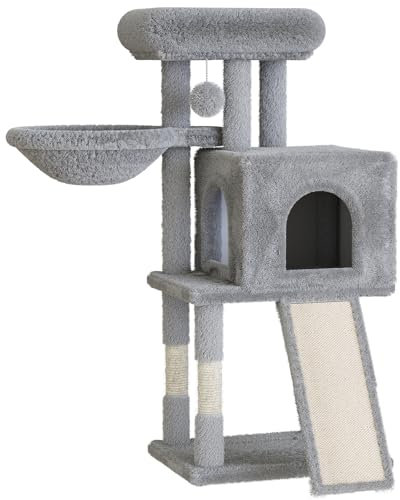 98.5cm Cat Tree, Kitten Cat Tower for Indoor, Cats Tree Tower, Cats Scratching Post, Plush Multi-Level Kitten CatCondo, Top Bed Perch for Kittens, Cozy Hammock and Modern Ramp, Grey & White