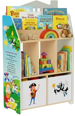 Steve and Maggie Kids Bookshelf, Old MacDonald Themed Children's Bookcase with Drawers, Kids Bookcase with Storage, Display Book Stand, Book Shelf Organiser and Toy Storage Unit, Nursery Furniture