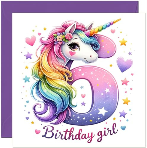 Geburtstagskarte zum 6. Geburtstag für Mädchen – Regenbogenherz, Einhorn-Zahlen, Einhorn-Geburtstagskarte für 6 Jahre alte Kinder sechs, sechs