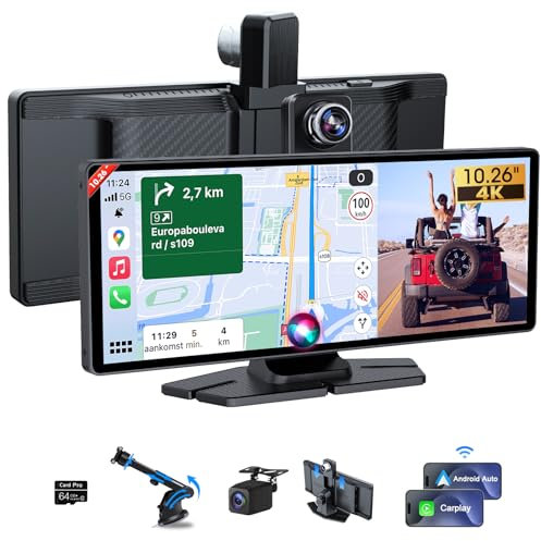 【Limited Time】10.26 Car Play Screen, Apple CarPlay & Android Auto Screen with 360° Rotatable 4K Front Camera and 1080P Reversing Camera GPS Navigation/Mirror Link/Voice Control/Bluetooth/Wi-Fi