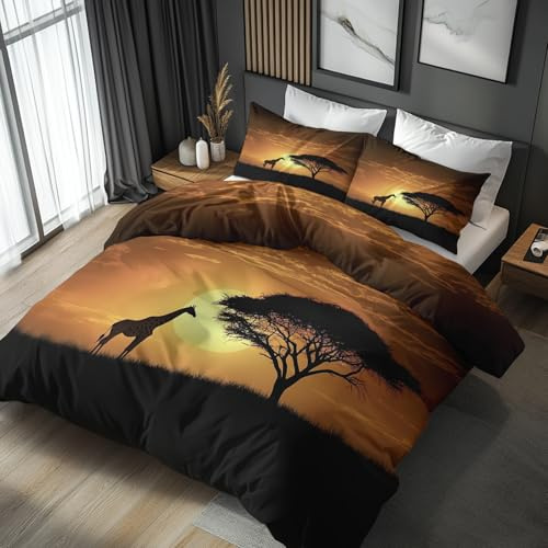 Generisch Bettwäsche 200x200 Giraffe Design, 3teilig - Afrika Sonnenuntergang Bettbezug und 2 Kissenbezug 80x80, Wendebettwäsche, Schlafzimmer Deko, Mikrofaser, mit Reißverschluss U&J-V69