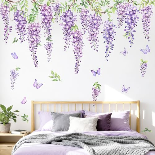 Supzone Wandtattoo Blumen Groß Hängende Rebe Blumen Lila Wandaufkleber | Blüten Wisteria Ast Pflanzen Wandsticker fur Schlafzimmer Wohnzimmer Sofa Wanddeko