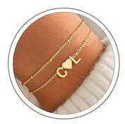 Turandoss Herz Armband mit Buchstaben Damen Gold, 14K Vergoldete 2 Buchstaben Armband Herz Armbänder Damen, Geschenke für Frauen Teenager Mädchen Freundin Mama Schmuck
