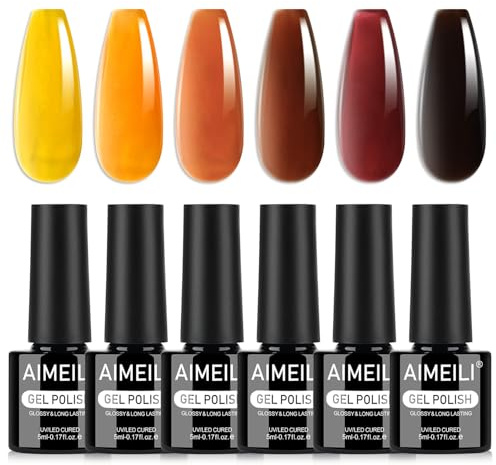 AIMEILI UV Nagellack Set Jelly 6 Farben Herbst Orange Gelb Braun Glitzer UV LED Soak Off Color Gel Set 5ml Nail Art Nageldesign Kit 6-98