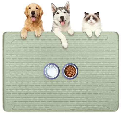 Kalolary Large Waterproof Dog Feeding Mat | Silicone Pet Food Tray with Raised Edges, Non-Slip Floor Protector for Dogs and Mult-Pets (Green（101*71cm）)