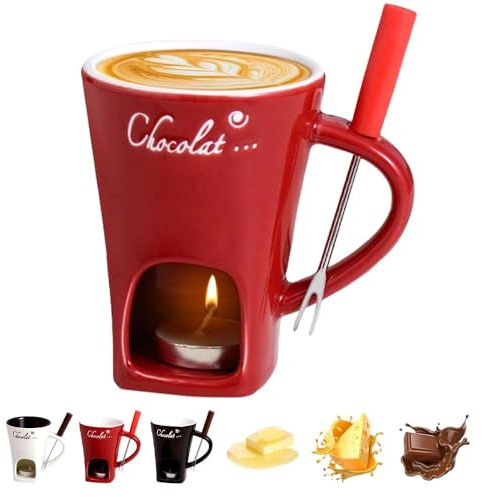 Schokofondue Tasse,Weihnachtstasse Fondue Tasse mit Gabel Schmelztopf für Weihnachtsplätzchen, Fondue Schokolade Mehrzweck Fondue Set für Käse, Butter und Karamell, Geschenke für Mama (Red)