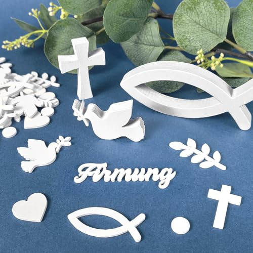 Decoración de confirmación – 66 piezas de madera con peces, cruz y paloma, decoración de mesa, confirmación, regalo perfecto para niñas y niños