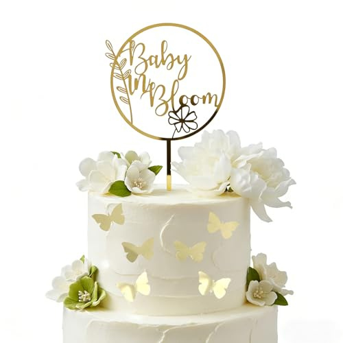 Baby Shower Cake Decorations 7PCS Gold Acrylic Baby in Bloom Topper with Butterfly Accents for Christening Gender Reveal Party