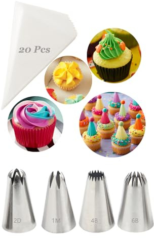 1M, 2D, 4B, 6B Piping Tips Set with Disposable Bags – Professional Stainless Steel Icing Nozzles for Cake & Cupcake Decorating