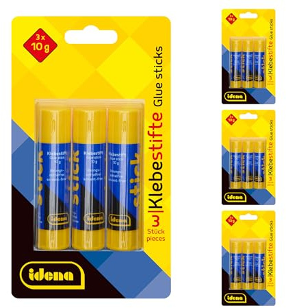 Idena 90522 - Barrita de pegamento, incolora, 12 x 10 g, sin disolventes, pegamento apto para niños para manualidades y trabajos artísticos
