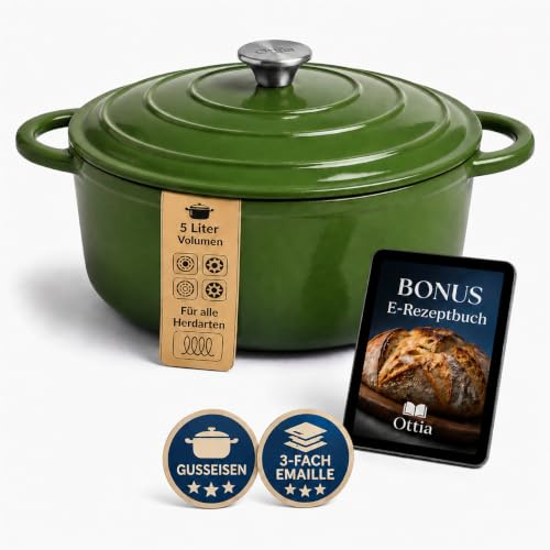 Ottia Gusseisen Topf [inkl. eBook] – Emaille Topf 26cm - Dutch Oven, Brotbackform, Brotbacktopf, Schmortopf Bräter mit Deckel, Bratentopf - auch für Induktion | Händler aus HH, Grün