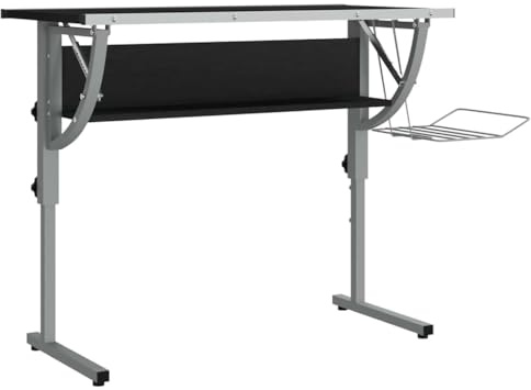 faucqel Craft Table Black Grey Made of Wood Material and Steel 110 x 53 x (58-87) cm Adjustable with Shelf and Magazine Holder for Office Gaming and Creative Work