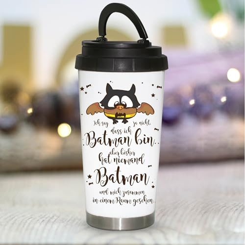 Wandtattoo Loft Edelstahl Thermobecher Eule Batman Spruch Kaffeebecher to go Geschenk Geburtstag Trinkbecher isoliert