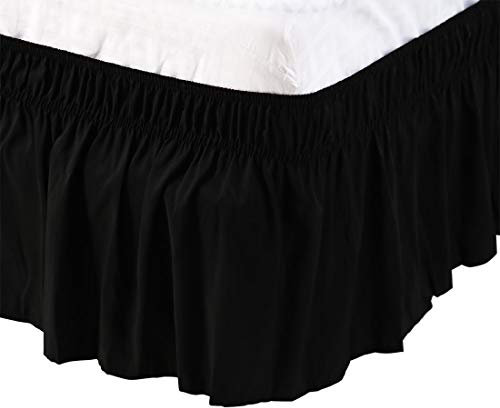 sourcing map Cache Sommier Jupe de Lit en Polyester Brossé Enroulé Autour de Trois Côtés en Tissu Volant Anti-poussière élastique 38cm de Chute Noir 200x203cm