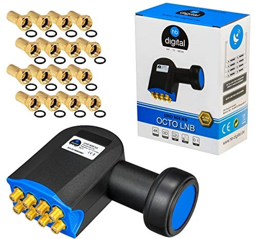 HB-DIGITAL Connecteur Octo LNB LNC avec 8 sorties Full HD TV 3D + contacts plaqués or + protection contre les intempéries (extensible), set avec 8 fiches F
