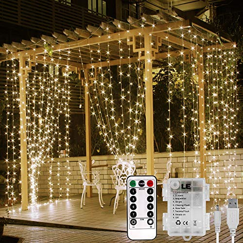 Lepro Lichtervorhang 3 * 3m, USB Lichterketten Vorhang 300 LEDs Warmweiß, 8 Modi Dimmbare Kupferdraht, Lichterkette Batterie für Außen Innen Deko Schlafzimmer, Partydekoration, Weihnachten, Hochzeit