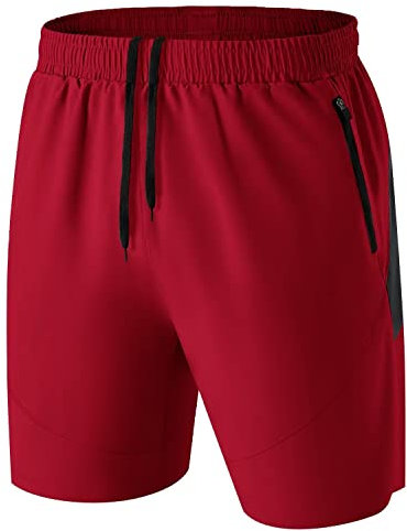 Herren Sport Shorts Kurze Hose Schnell Trocknend Sporthose Leicht mit Reißverschlusstasche(Rot,EU-M/US-S)