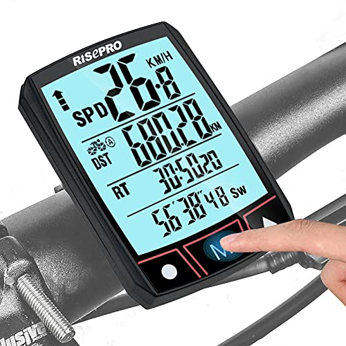 RISEPRO Kabelloser Fahrradcomputer, Fahrradtacho und Kilometerzähler, kabelloser wasserdichter Touchscreen mit hintergrundbeleuchtetem LCD-Display Multifunktione