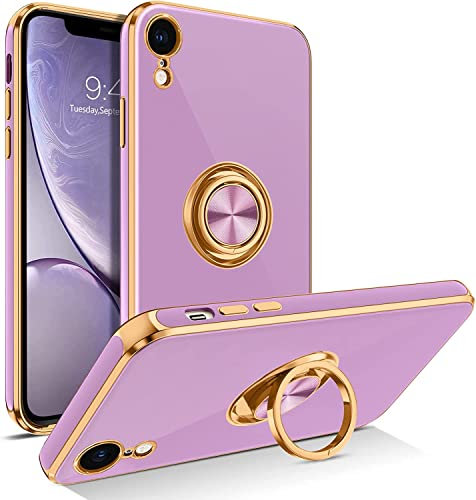 elexal iPhone XR Silicone Phone Case for Women Girls Ring Holder 360° Kickstand Slim Luxury Bling Plating Soft TPU Shockproof iPhone XR Phone Case - Purple