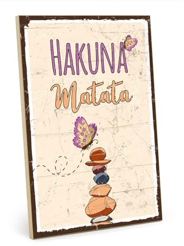 TypeStoff Holzschild mit Spruch – Hakuna Matata – im Vintage-Look mit Zitat als Geschenk und Dekoration zum Thema Unbeschwert und Sorgenfrei - HS-00902