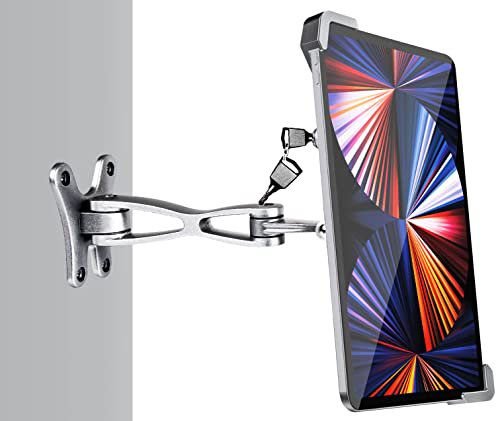 Woleyi Silver Tablet Wall Mount, Anti Theft Security Lock & Key, Articulating Arm Stand for iPad Pro/Air/Mini, Galaxy Tabs, Surface & More 7-11 Tablets