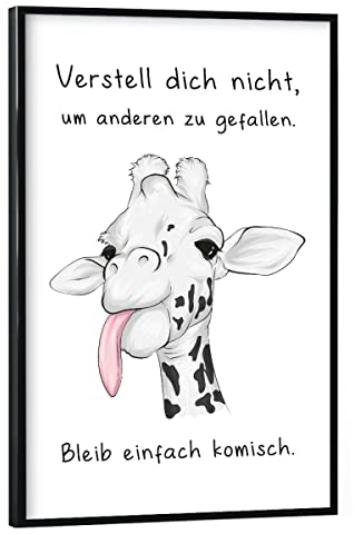 artboxONE Poster mit schwarzem Rahmen 45x30 cm Typografie Bleib komisch - Bild Zunge gefallen Giraffe