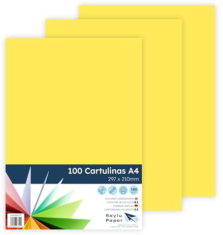 RAYLU PAPER – Tonpapier A4, 100 Stück Kartonpapier 180g/m², 210 x 297 mm, professionelle farbige Kartons für Büro, Kopierpapier, Buntes Papier zum Basteln (Kanariengelb)