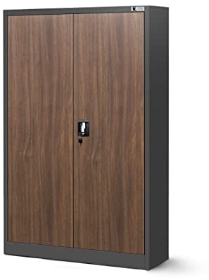 Jan Nowak Aktenschrank C001K Metallschrank Büroschrank Werkzeugschrank 3 Fachböden Stahlblech Flügeltüren Pulverbeschichtung 140 cm x 90 cm x 40 cm (Anthrazit/Holzoptik)
