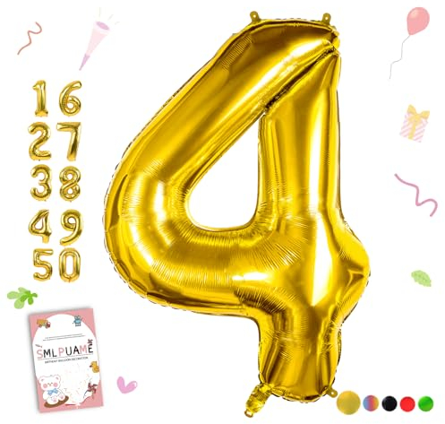 Smlpuame 102cm Folienballon Zahlen Luftballon 0-9 Geburtstag Golden Große 4 Ballons für Geburtstagsfeier Feierdekorationen, Heliumfolien Zahlenballons für Hochzeitstag
